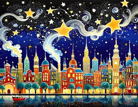 A whimsical scene with cartoonish buildings, exaggerated smoke, and comically oversized stars. The cityscape is depicted with a ...