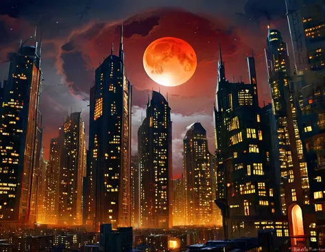 An eerie cityscape with ominous shadows, twisted buildings, and a blood-red moon in the sky. The stars take on a sinister glow, ...