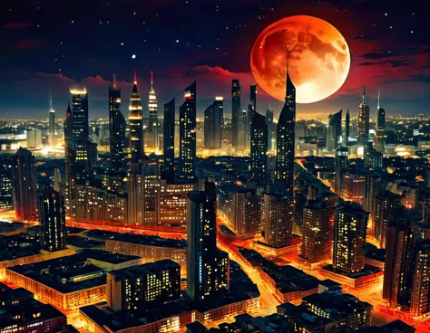 an eerie cityscape with ominous shadows, twisted buildings, and a blood-red moon in the sky. the stars take on a sinister glow, ...