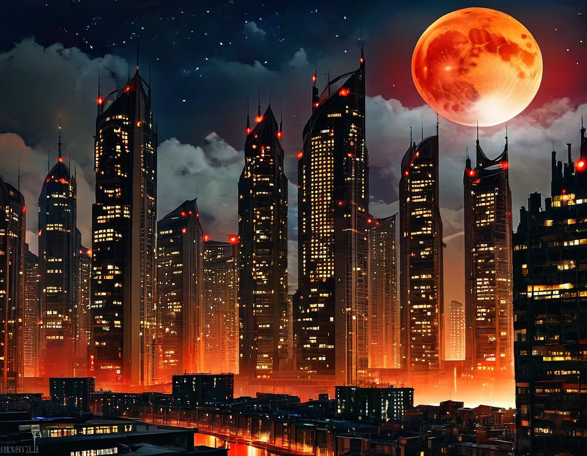 An eerie cityscape with ominous shadows, twisted buildings, and a blood-red moon in the sky. The stars take on a sinister glow, giving the scene a haunting vibe.