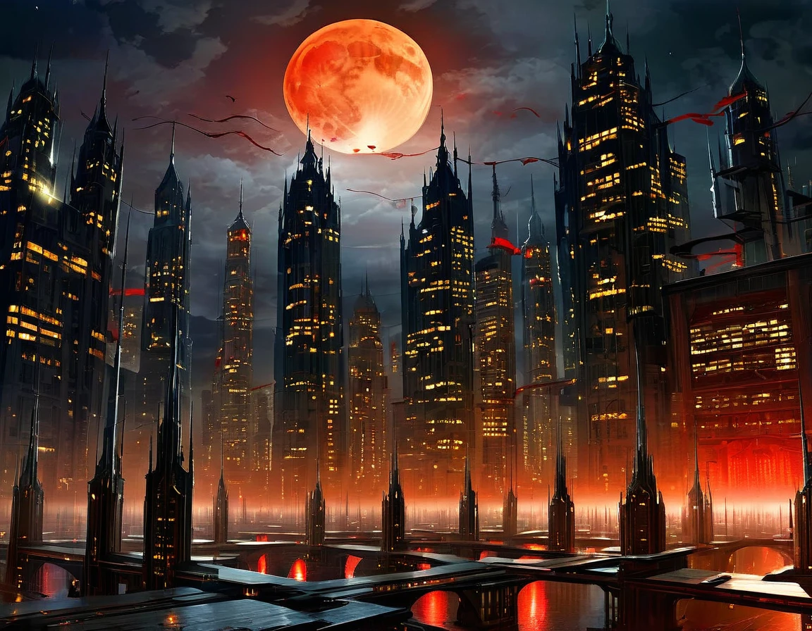 An eerie cityscape with ominous shadows, twisted buildings, and a blood-red moon in the sky. The stars take on a sinister glow, giving the scene a haunting vibe.