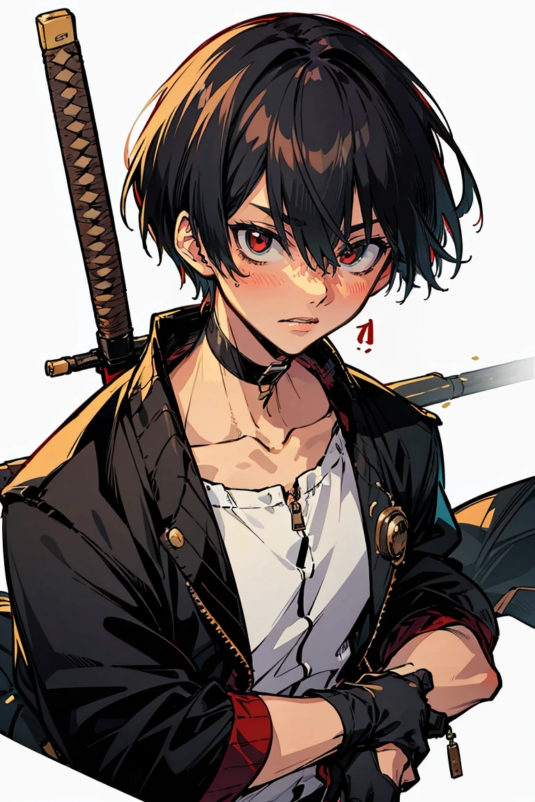 rekkyou sensen,rekkyo sensen, hasuichi nishizono, short hair, black hair, red eyes, boy, male, anime,1boy, bangs, hair between eyes, jacket, looking at viewer, male focus, solo, zipper, black clothes, black gloves, upper body, silver choker, shanghai, china, city