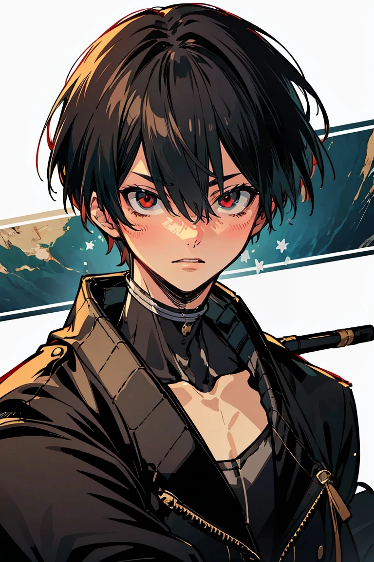 rekkyou sensen,rekkyo sensen, hasuichi nishizono, short hair, black hair, red eyes, boy, male, anime,1boy, bangs, hair between eyes, jacket, looking at viewer, male focus, solo, zipper, black clothes, black gloves, upper body, silver choker, shanghai, china, city