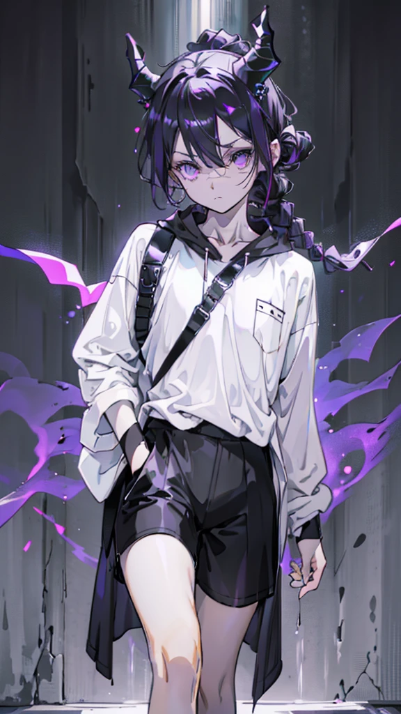 boy, thoughtful look, open forehead, black and purple hair braided into a ponytail on the left side in a bun. winding black horns wrapped in white ribbon, pale violet eyes, short dark purple shorts. Long white t-shirt. dark purple knee socks. dark purple hooded robe. dark corridor with stairs, rays of light falling