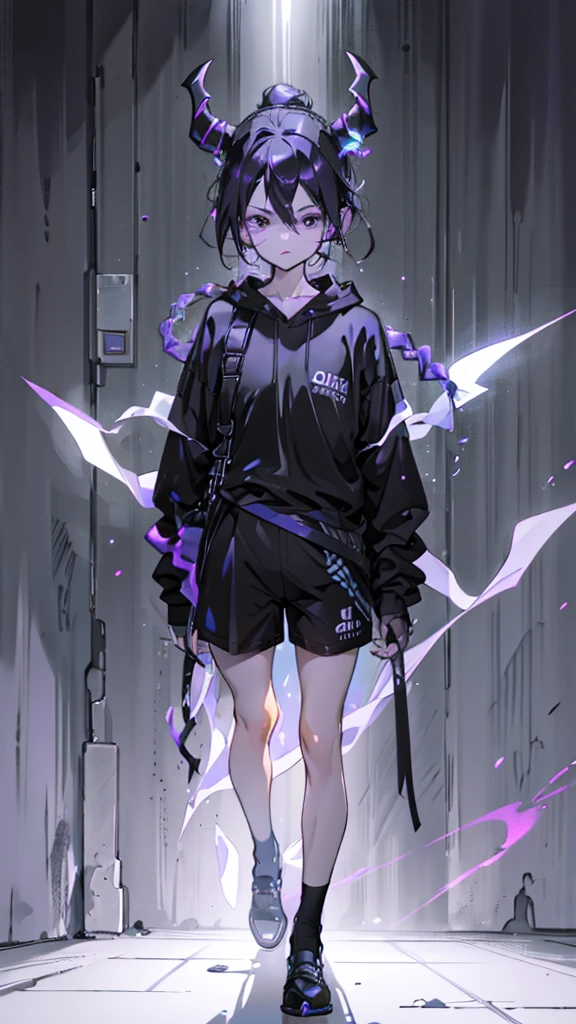 boy, thoughtful look, open forehead, black and purple hair braided into a ponytail on the left side in a bun. winding black horns wrapped in white ribbon, pale violet eyes, short dark purple shorts. Long white t-shirt. dark purple knee socks. dark purple hooded robe. dark corridor with stairs, rays of light falling