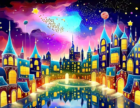 A surreal, dreamlike cityscape where the buildings are made of candy, and the stars are whimsical creatures floating in the sky.