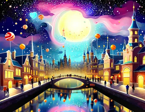 a surreal, dreamlike cityscape where the buildings are made of candy, and the stars are whimsical creatures floating in the sky.