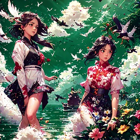 masterpiece, illustration, anime, 1girl, floral, cloud, bird, flow