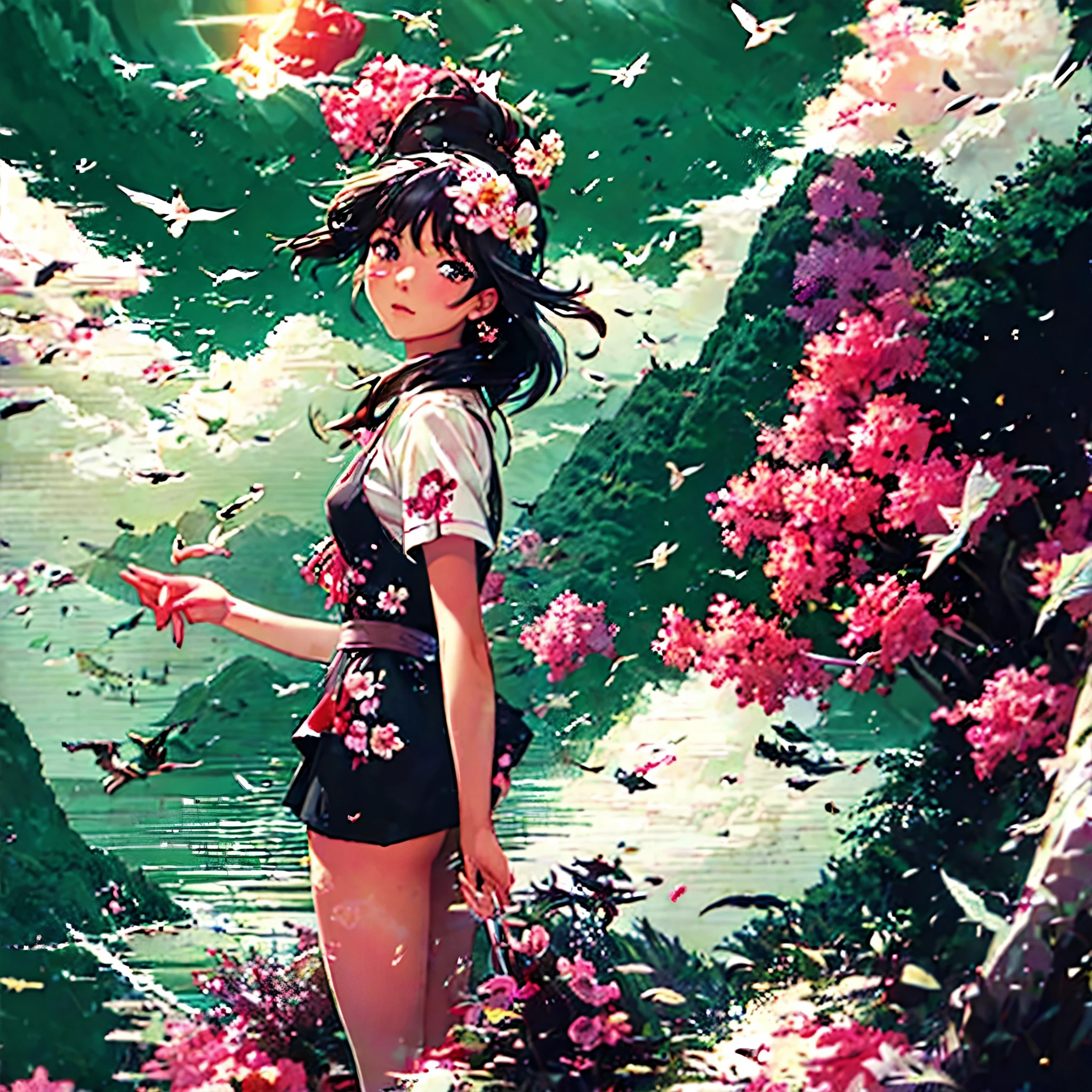 masterpiece, illustration, anime, 1girl, floral, cloud, bird, flow