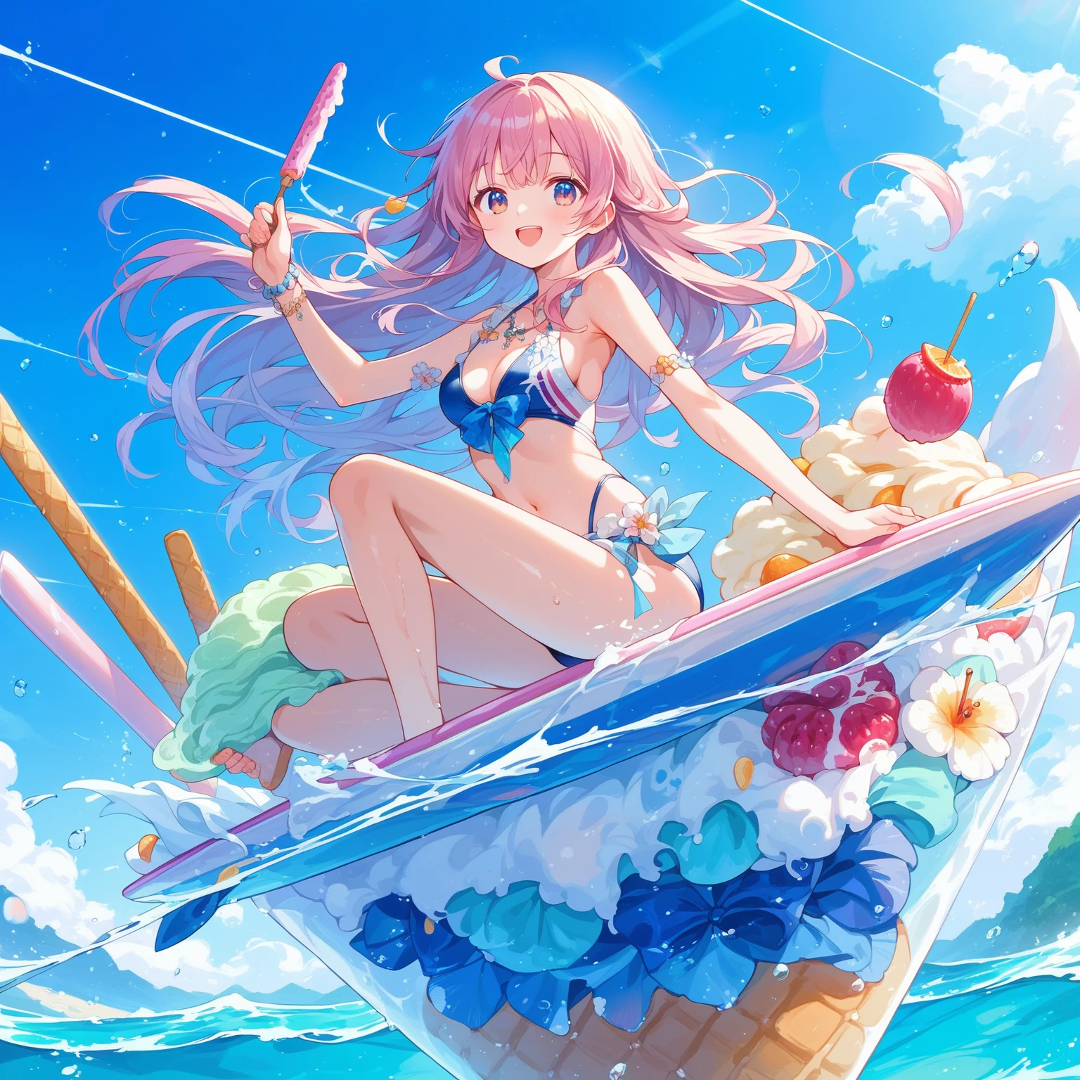 score_9, score_8_up, score_7_up, source_anime,masterpiece, best quality, high resolution, extremely detailed CG, absurdres, highres, 1girl, solo, a girl in swimsuit surfing with a surfboard on top of ice-cream, soft cream,fruits, summer,happy,babycreamxl