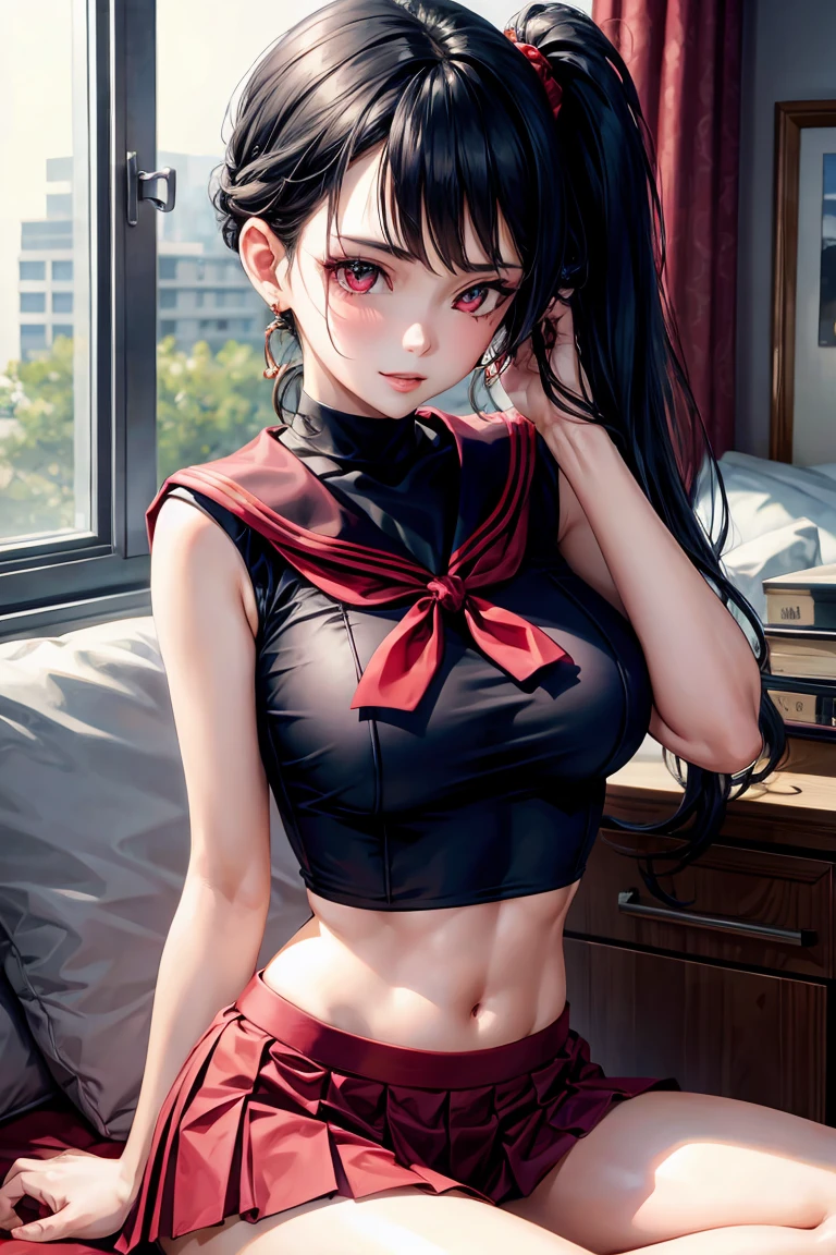 woman, sexy woman, female, mommy, black hair, red eyes, detailed eyes, detailed lips, big breasts, midriff peek, sailor uniform, sit with crossed legs, bedroom, evil smile, seductive lips, looking back crop top overhang, adjusting hair, pony tail, skirt