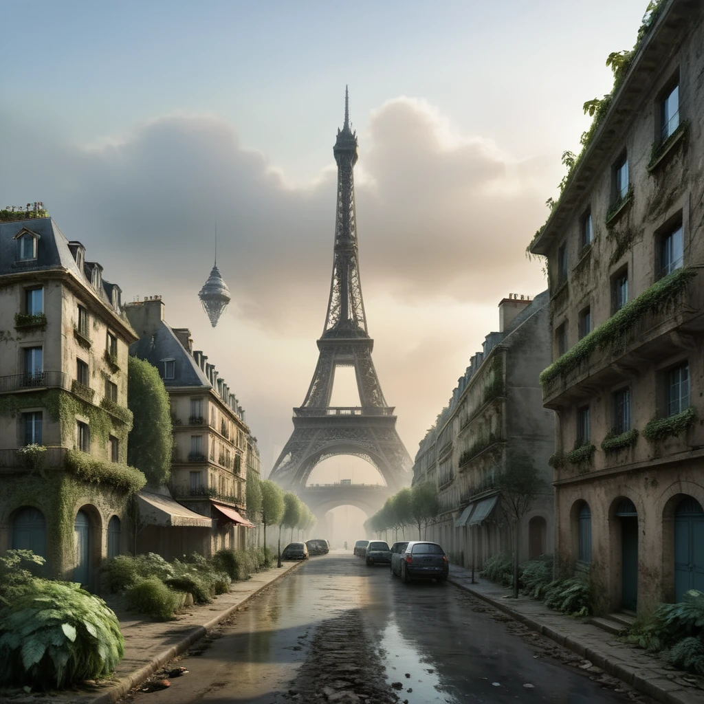 scenario: paris, with the iconic Eiffel Tower in the background, abandoned for years, post-war with broken elements and a sense of destruction. The streets around the Eiffel Tower are covered in vegetation and debris, and nearby buildings show signs of wear and neglect. The Eiffel Tower is partially covered in ivy and moss, and some parts are rusty and damaged. During the alien attack, spaceships hover over the city, and aliens walk the deserted streets, exploring the destroyed environment. A thick fog covers the city, creating an atmosphere of mystery and desolation. The soft light of dawn pierces the fog, iluminando a Torre Eiffel e destacando a grandiosidade de paris em meio à decadência.

Camera: Low angle panoramic view, capturing the expanse of the Eiffel Tower and the fog that envelops the site, with alien ships in the sky and aliens walking the streets. Soft natural early morning lighting, emphasizing the colors of the moss and plants, as well as the architectural details of the Eiffel Tower and surrounding buildings. Adjust focus to capture fog, adding depth and mystery to the setting.