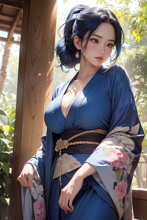 (((Full and soft breasts,)))（（Huge breasts））((((Cleavage)))))) (Perfect curvy figure),A beautiful woman, ((( kimono))), ((Perfect body, Very large breasts, Big butt, Pretty Face, Pretty Face, , Age 46, Royal, Blue Hair, Ponytail hairstyle, Beautiful skin, Extremely fine hair, Fine details)), (((light, Beautiful lighting effects, Creative design, Full body frame, Holy Aura, hard harmonious , Shining light, Perfect color transition, Perfectly balanced contrast, Perfect color layer, Perfectly smooth color blur, Soft Rendering, Smooth color strokes, sun glare, Optical lenses, Light, Soft colors, Soft color mix, Perfect color rendering, harmonious, perfect color harmonious, Beautiful colors, soft , Light Particles, Perfect details, Intricate details, color prism, Fine details, reFine details))), Tachibana Kona&#39;s art style, Affectionate gaze, Half a smile, Mouth slightly open, A gentle expression on his face, hot spring, Background with breeze and sunshine, Butterflies in the sky, Realism, ((best quality))),8K,((masterpiece)),(Extremely exquisite and beautiful)