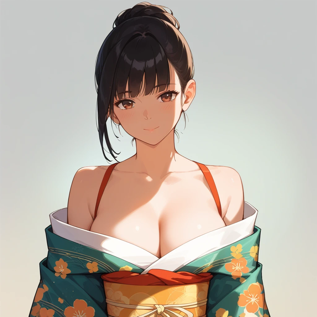 (score_9,score_8_up,score_7_up,score_6_up),masterpiece,best quality, source anime, rating_explicit, (((masterpiece))), (((best quality))), ((ultra-detailed)), ((illustration)), (1girl), (beautiful Japanese woman), (long black hair), (brown eyes), (simple background), (wearing traditional kimono), (detailed face), (perfect anatomy), (detailed light and shadow), (lighting front), (serene expression), (minimalist style),(cleavage:1.1)