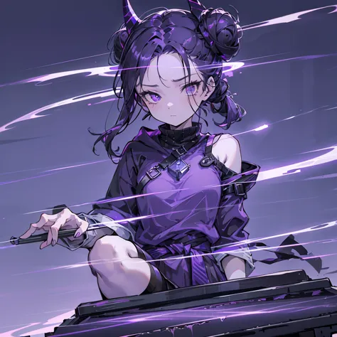 boy. thoughtful look. open forehead. black and purple hair tied in a bun on the left side to one side. sinuous black horns wrapp...