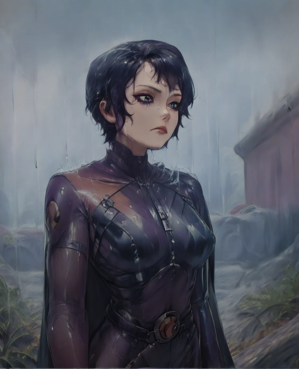 score_9,score_8_up,score_7_up,score_6_up, Trilla,green eyes,black hair, upper body, wet, armor,gloves,black bodysuit,black cape,belt,rain, science fiction,sith base, star wars, outdoors, rain, solo,fflixbag
wearing armor
sabine wren
