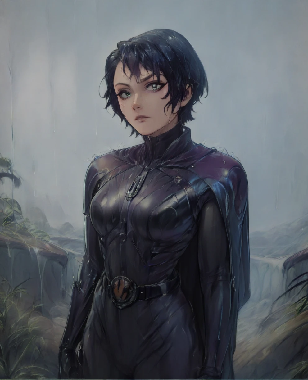 score_9,score_8_up,score_7_up,score_6_up, Trilla,green eyes,black hair, upper body, wet, armor,gloves,black bodysuit,black cape,belt,rain, science fiction,sith base, star wars, outdoors, rain, solo,fflixbag
wearing armor
sabine wren
