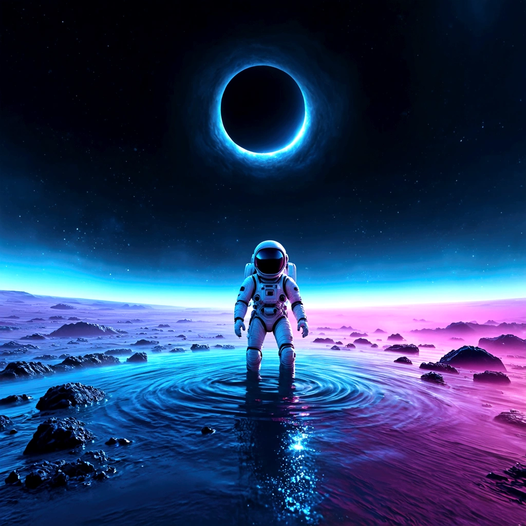 футуристический космонавт, плавающий в воде на чужой планете, черная дыра видна над горизонтом, яркие цвета, сложные детали, кинематографическое освещение, объемный туман, очень подробный, фотореалистичный, 8К, Лучшее качество, шедевр