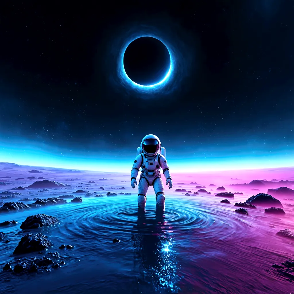 a futuristic astronaut floating in water on an alien planet, black hole visible over the horizon, vivid colors, intricate detail...