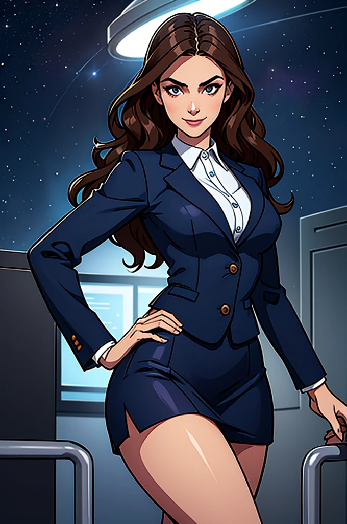 (wavy brunette perfect body Supermodel), wearing (navy blue business suit with skirt), pose with a slight smile, feminine fit detailed body and face and skin pores, highly detailed expressive, space above head, depth of field, skin details, office lights, ultra realistic, cinematic