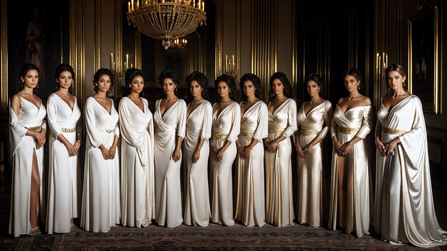 ((best quality)), ((Masterpiece)), (details), A photograph of a European woman wearing a royal robe with a serious expression stands in the center., Surrounded by seven fully naked women., large breasts, Straight hair and white skin, Some placed their hands on their shoulders or body.. The background is a room with luxurious decorations., The light is dim., Create a warm but lively atmosphere.. high resolution camera, Low-light photography, Inspiration of club culture, Modern Fashion, natural light, slightly shiny, Full body shot