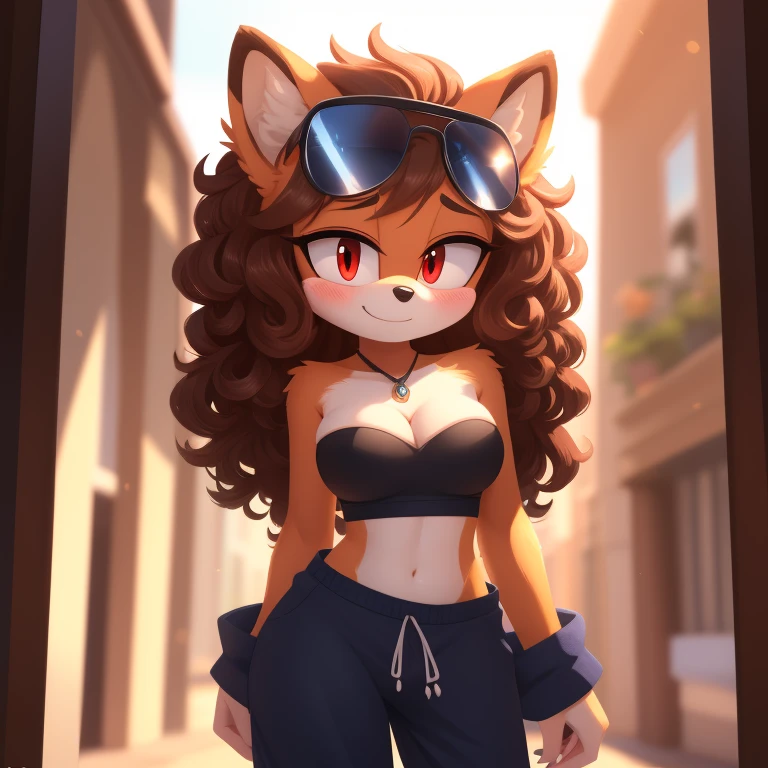 mobian, solo, hedgehog, two-tone fur ((orange fur, brown fur)), strapless crop top, baggy pants, cleavage, two-tone hair (brown hair, black tip)), curly hair, halo, sunglasses, jewelry, red eyes, longeyelashes, red eyes, smile, shy, blush,  framed, stereogram, image fill, viewfinder, depth of field, high details, high detail, masterpiece, UHD, anatomically correct, super detail, highres, 4K