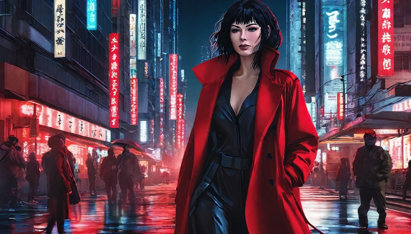 Image de style Ghost in the Shell、Une femme、manteau rouge、dans la ville la nuit、style cyberpunk、Réel