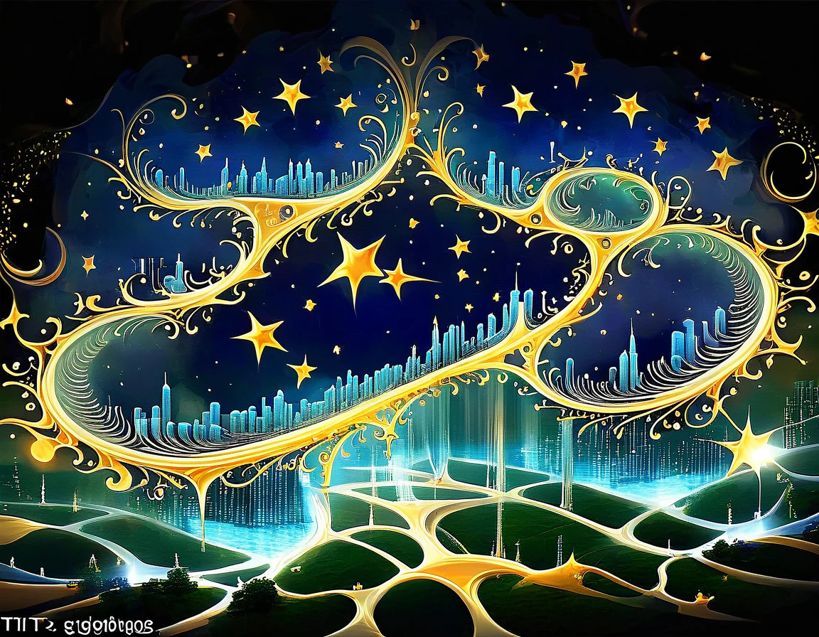 A dreamlike cityscape where the buildings and surroundings are intricately detailed using Mandelbrot's fractal patterns. The stars twinkle with mathematical precision.