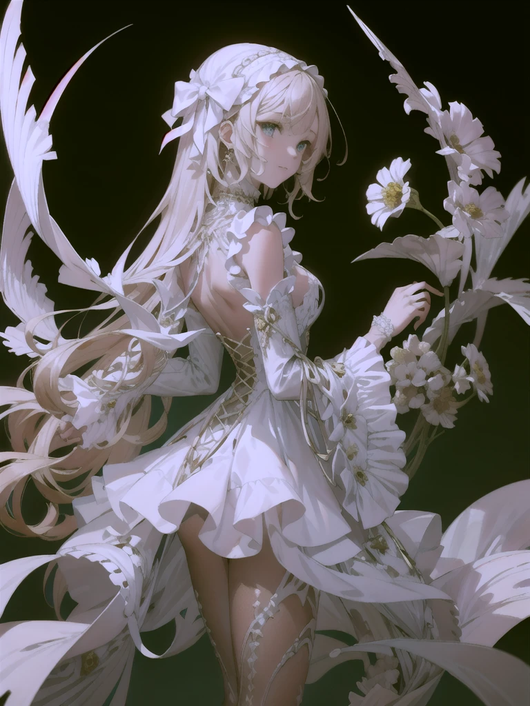 (((((カメラを見る)))))、bones carving skin, bones, pale skin, bone hair ornament, monster girl, skeleton,, ultra detailed, masterpiece, best quality,, solo, soft smile, light smile,
1girl, blue eyes, very long hair, blonde hair, long blonde hair, french braid, bangs, medium breasts,, hair ribbon, frilled choker, criss-cross halter, sleeveless dress, high-waist skirt, backless dress, waist bow, detached sleeves, frilled sleeves, wide sleeves, pantyhose, patterned legwear, mary janes,