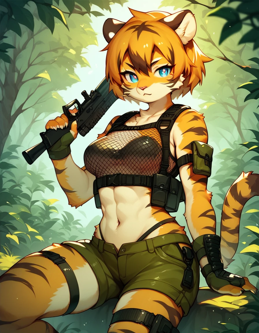 score_9, score_8_up) score_7_up, score_6_up, solo, tiger, kemono, anthro, cute, short hair, blue eyes, white pupils, sexy, orange fur, shorts, tactical harness, thigh high boots, assassin girl, mesh croptop, tactical gloves, medium breasts, forest background,