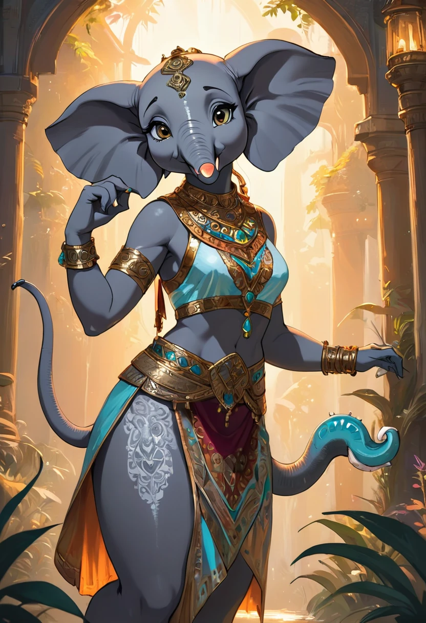 Create an illustrated, hand-drawn, full-color image of an anthropomorphic elephant woman. The artwork should be rendered in the style of "Breath of the Wild," featuring warm lighting and shadows. Include graphite shading, stencil marks, and airbrushed acrylic paint effects. The image should be of the highest quality, a masterpiece with intricate details. The elephant woman should have a female, humanoid, furry appearance with grey skin. She should have luscious lips, a wide smile, and bright, expressive eyes, exuding beauty, cuteness, and adorableness. Ensure the image is high resolution and sharply detailed, with a detailed and vibrant background. Incorporate mystical lighting in the background, creating a romantic and enchanting atmosphere.
