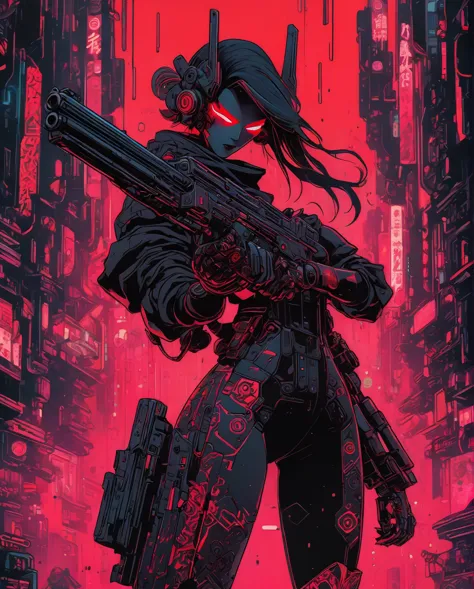 an illustration of a woman
holding a gun, in the style of
cyberpunk manga, masks and
totems, light black and red,
neon color pal...
