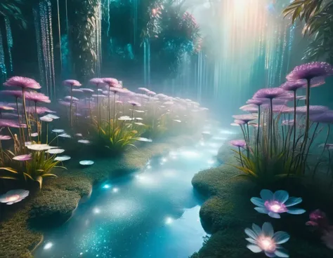 A futuristic garden of memory with floating holographic flowers and crystalline pathways. The scene is bathed in a soft, otherwo...