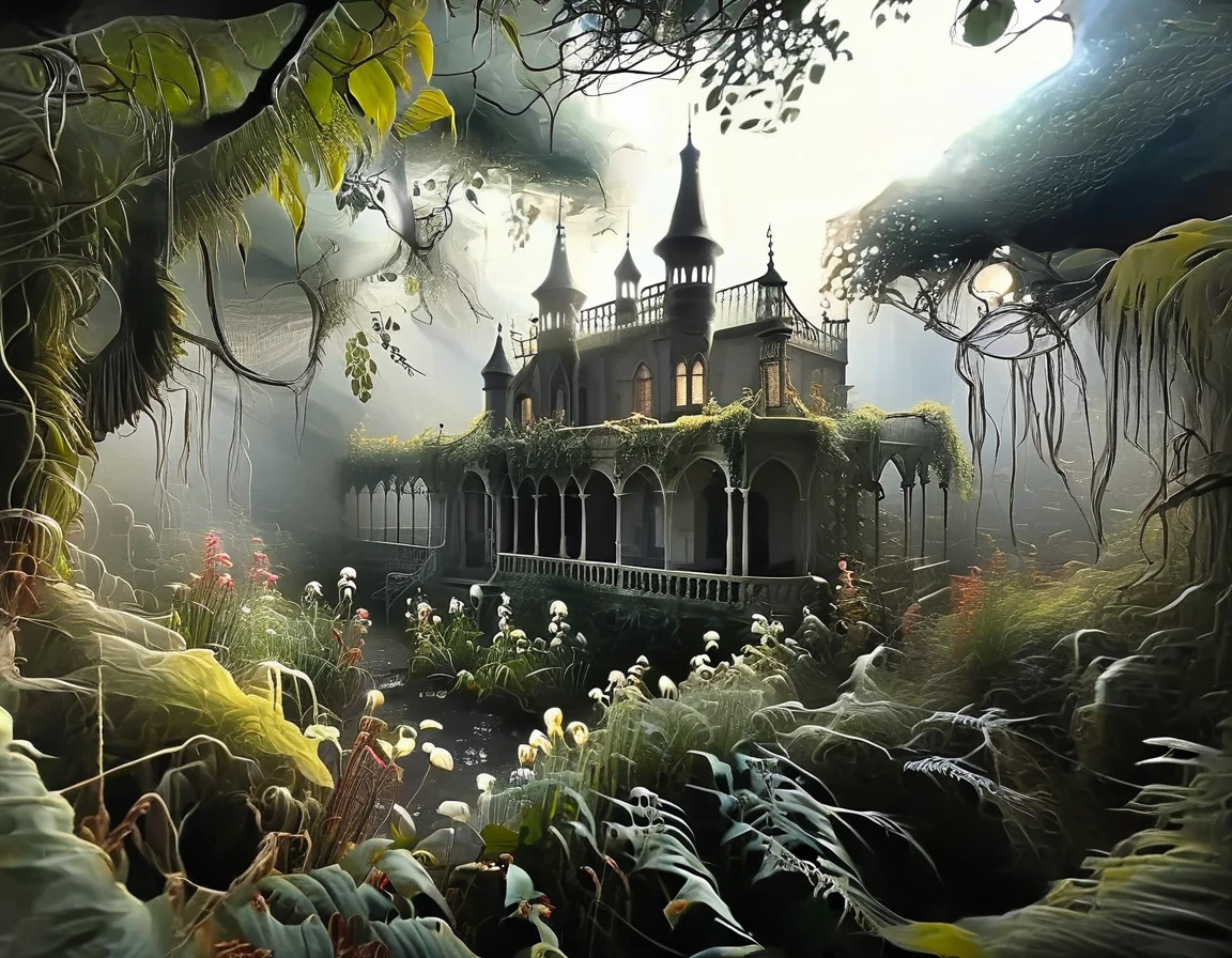 一座阴森恐怖、闹鬼的梦幻宫殿，周围环绕着扭曲的花园, 幽灵树. 阴影和雾气增添了神秘而令人不安的气氛.