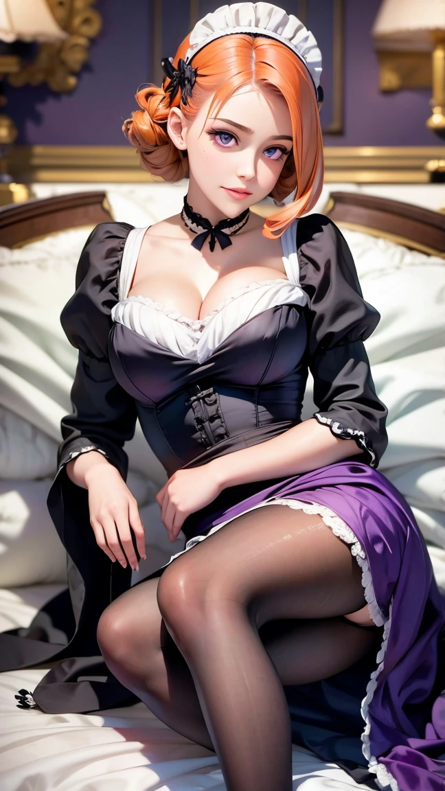 masterpiece, best quality, 1girl, purple eyes, orange hair, maid headdress, maid, intricate details, elegant pose, beautiful detailed eyes, beautiful detailed lips, extremely detailed face, delicate features, cinematic lighting, warm color palette, soft focus, photorealistic, highly detailed, digital art, seductive pose, showing legs, sexy ankles, flirting, black and white maid uniform, elegant pantyhose, 