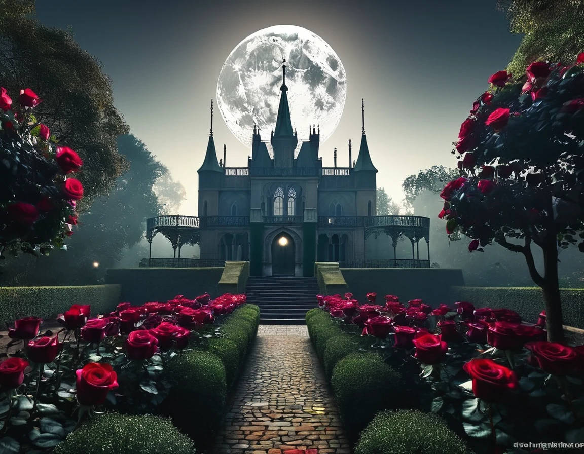 A gothic-inspired dream palace surrounded by a garden of dark roses and mysterious shadows. The moon casts an eerie light on the scene.