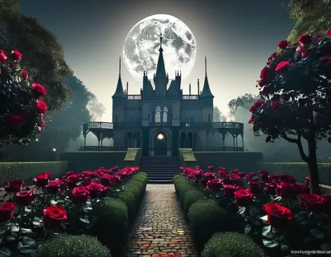 a gothic-inspired dream palace surrounded by a garden of dark roses and mysterious shadows. the moon casts an eerie light on the...