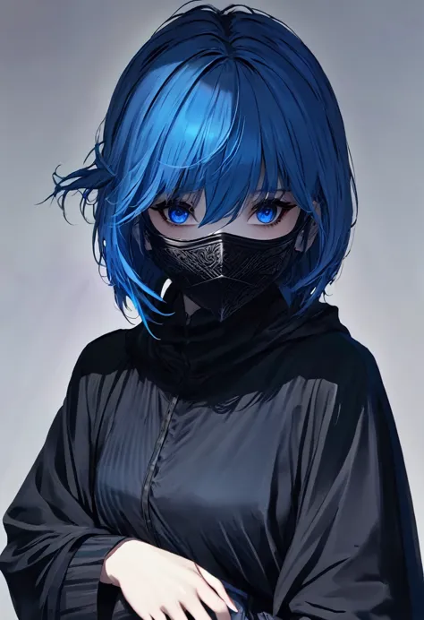 girl.short hair.become black.eyes.Blue.Terrifying mask.clothes.Normal