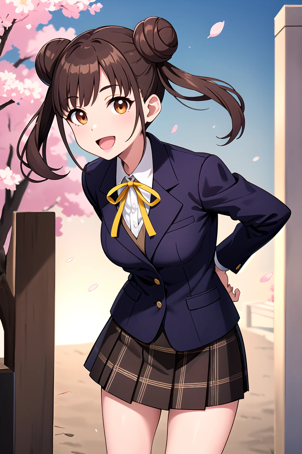 masterpiece, best quality, highres, aachiyoko, double bun, twintails, neck ribbon, yellow ribbon, collared shirt, sweater vest, blazer, black jacket, open clothes, long sleeves, plaid skirt, brown skirt, outdoor, cherry blossoms, smile, leaning forward, standing, cowboy shot, open mouth, arms behind back,