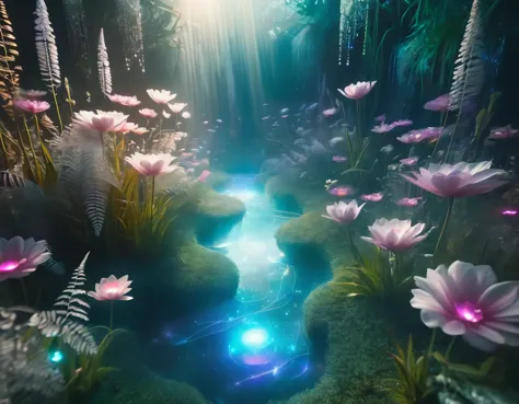 A futuristic garden of memory with floating holographic flowers and crystalline pathways. The scene is bathed in a soft, otherwo...