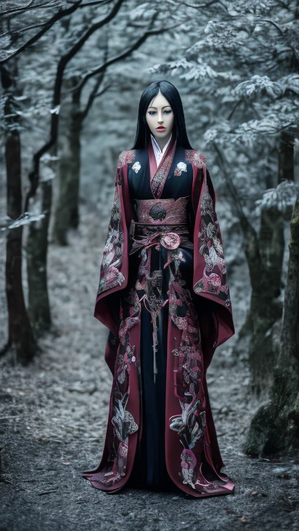 Fotografia realista de alta resolução ultra detalhada de 4k de uma mulher demônio japonesa com pernas longas e tamanho médio de seios, Mulher demônio japonesa veste como roupa um vestido de demônio japonês com muitos detalhes e padrões bordados, Roupas com cores diferentes, A pose do modelo de bruxas japonesas está flutuando em pose de corpo inteiro em uma floresta mística olhando para a câmera