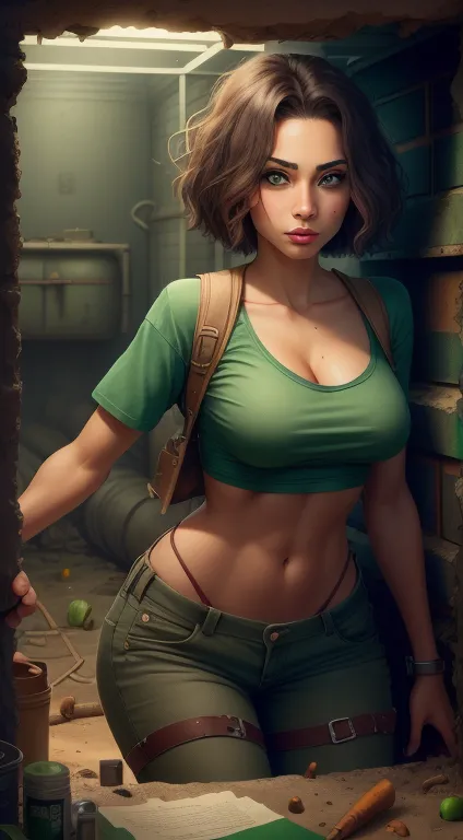 Sexy half Jewish and half Mexican woman in solitary confinement in a bunker. short hair. green eyes. in a T-shirt.