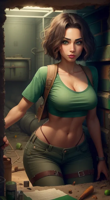 sexy half jewish and half mexican woman in solitary confinement in a bunker. short hair. green eyes. in a t-shirt.