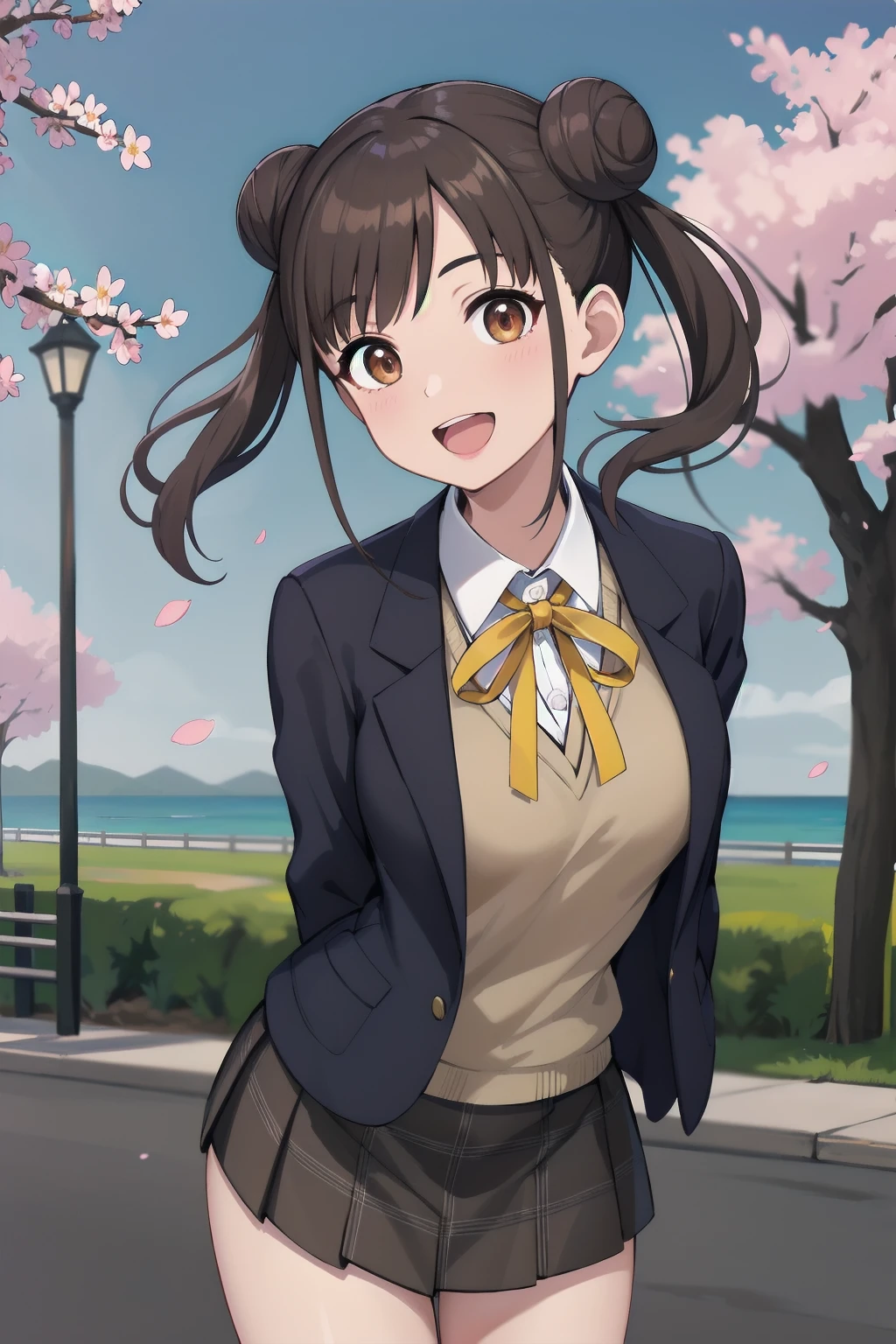 masterpiece, best quality, highres, aachiyoko, double bun, twintails, neck ribbon, yellow ribbon, collared shirt, sweater vest, blazer, black jacket, open clothes, long sleeves, plaid skirt, brown skirt, outdoor, cherry blossoms, smile, leaning forward, standing, cowboy shot, open mouth, arms behind back,