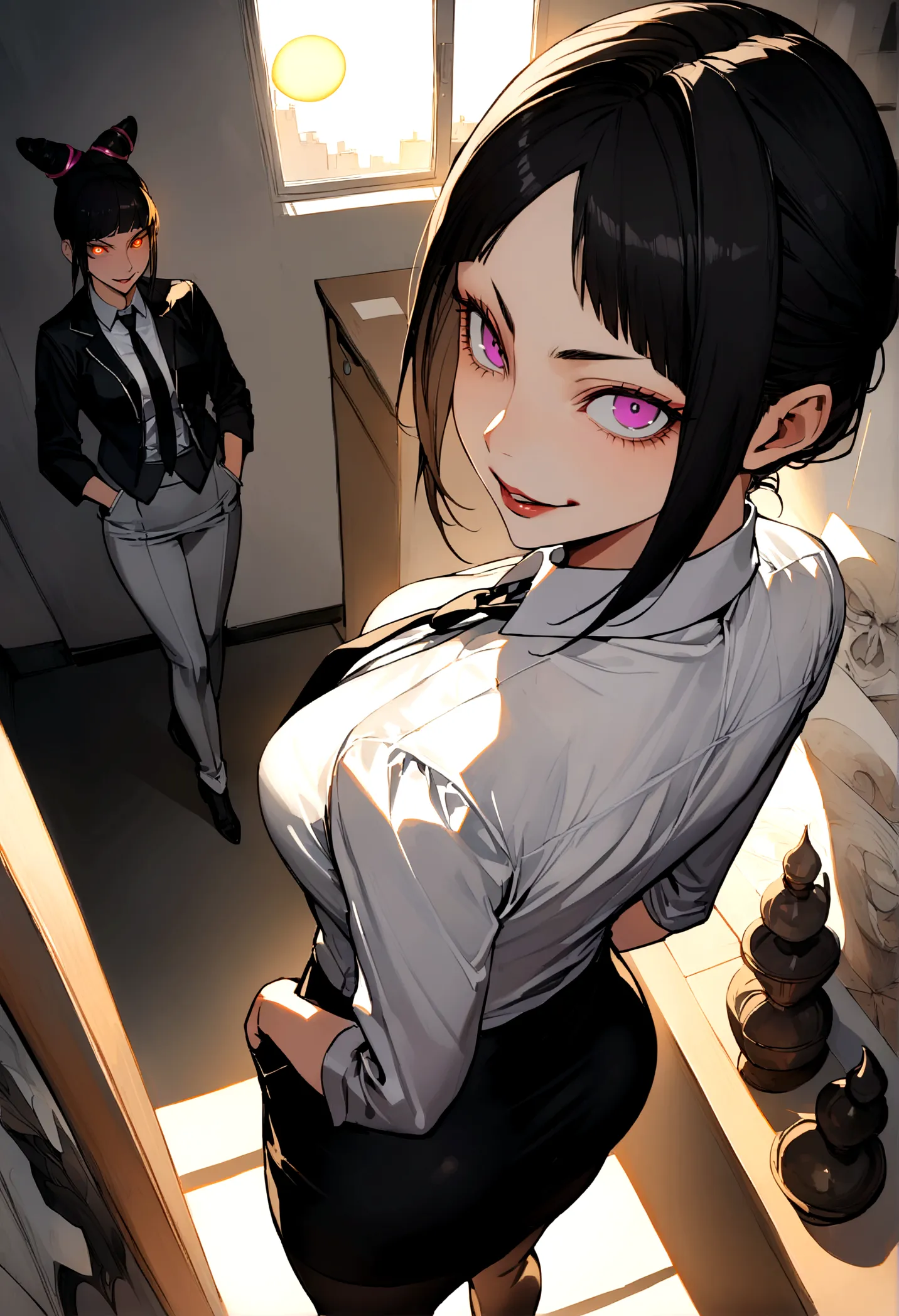 juri han, looking back,hands in pocket,work of art, tight white secretary shirt with black tie, black high waist skirt, short sk...