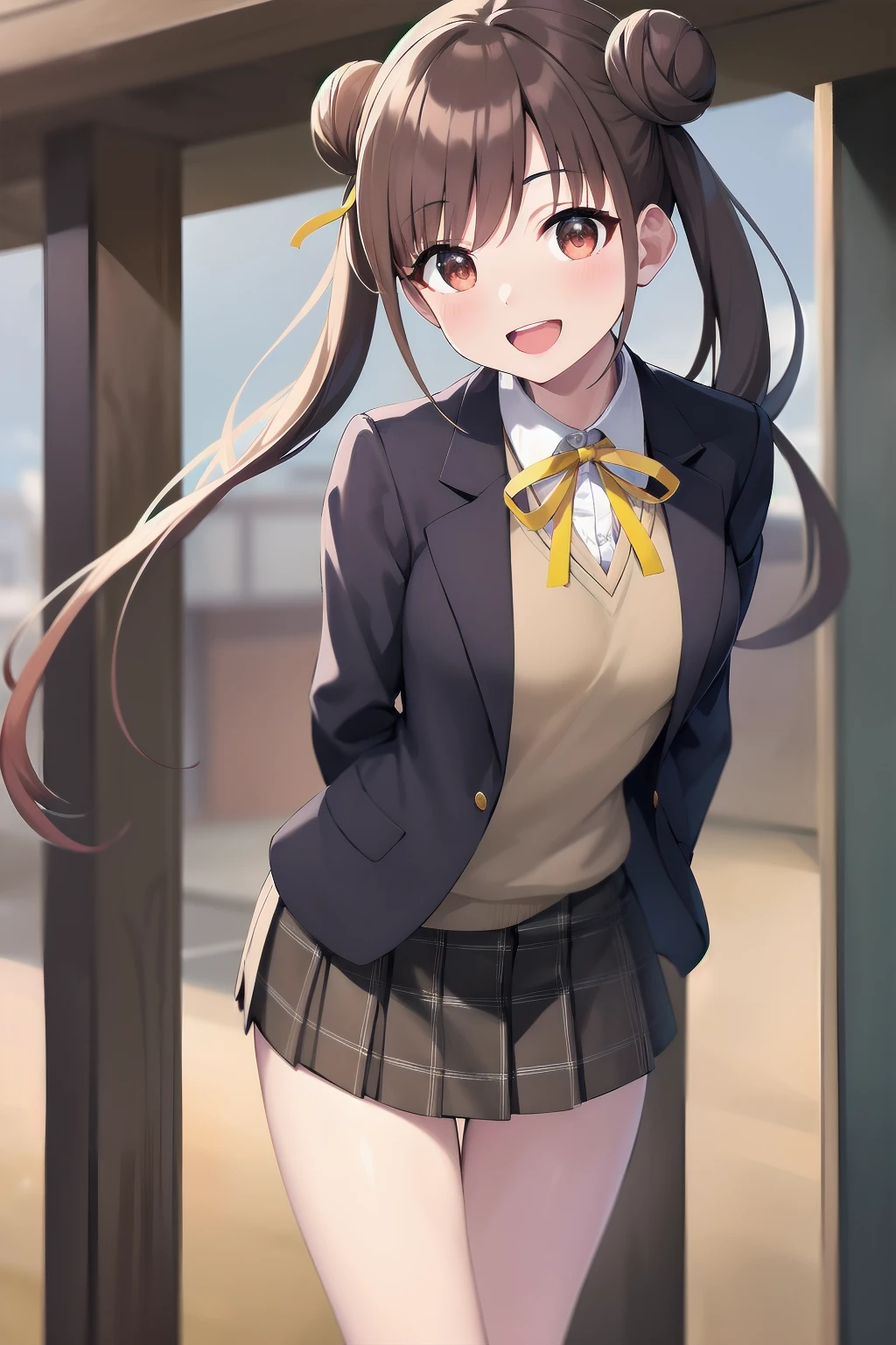 masterpiece, best quality, highres, aachiyoko, double bun, twintails, neck ribbon, yellow ribbon, collared shirt, sweater vest, blazer, black jacket, open clothes, long sleeves, plaid skirt, brown skirt, outdoor, cherry blossoms, smile, leaning forward, standing, cowboy shot, open mouth, arms behind back,