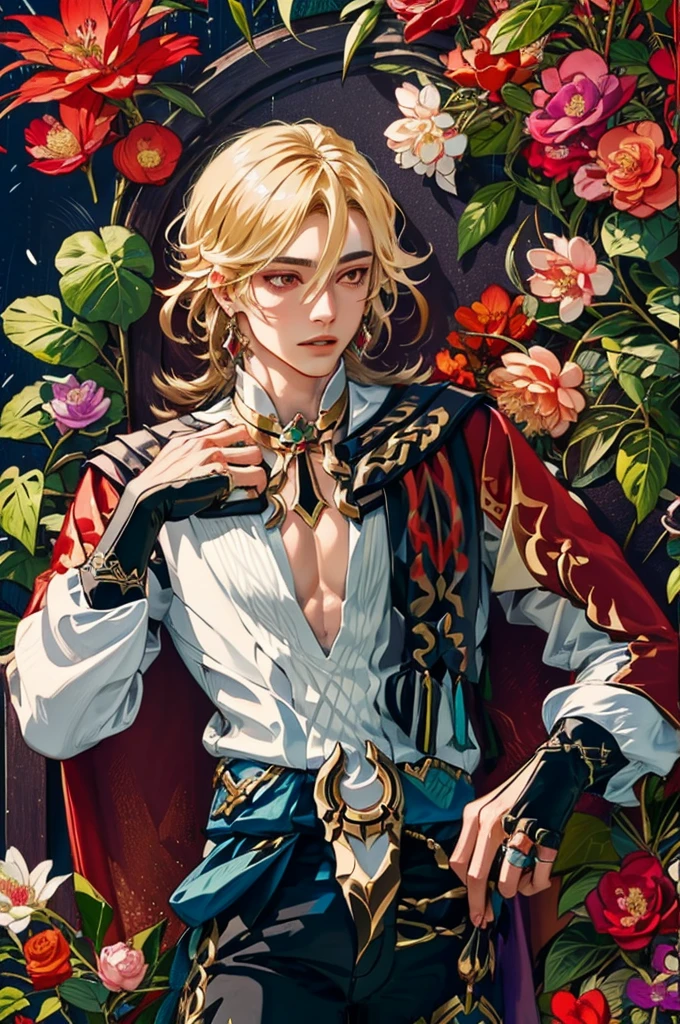 1 adult male solo, blond hair, red eyes, kaveh genshin impact, white top, red and black embroidered details, golden accessories, dark pants, fingerless gloves, feather hair ornament, shiny eyes (​masterpiece),((top-quality)),(offcial art),(Beautiful and indulgent:1.2),(1manin:1.3),Detailed drawing。Vibrant colors。colourfull、highestdetailed ((ultra-detailliert)),(Highly detailed 2D illustrations),((Extremely delicate and beautiful))Super Detail,atmosphric perspective，dust particle, iridescent light, water drops on flowers and plants, light summer rain, rainbow light, glowing, surrounded by dark red lily flowers