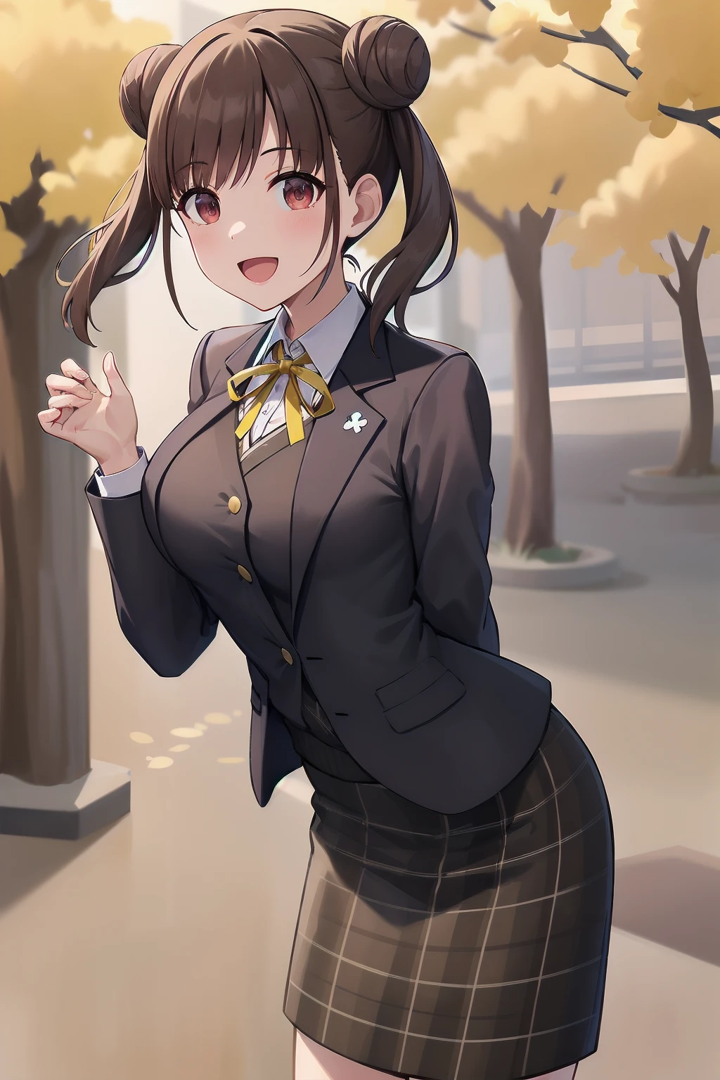 masterpiece, best quality, highres, aachiyoko, double bun, twintails, neck ribbon, yellow ribbon, collared shirt, sweater vest, blazer, black jacket, open clothes, long sleeves, plaid skirt, brown skirt, outdoor, cherry blossoms, smile, leaning forward, standing, cowboy shot, open mouth, arms behind back,