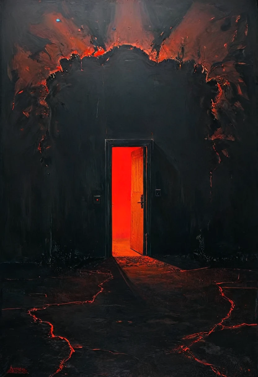 obscurité absolue, un mur noir. Au bout du mur, une porte ouverte, un feu rouge s&#39;éteint, une lumière rouge intense.