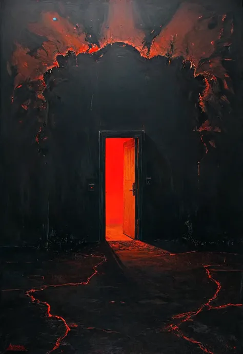 Absolute darkness, a black wall. At the end of the wall, an open door, a red light coming out, an intense red light.